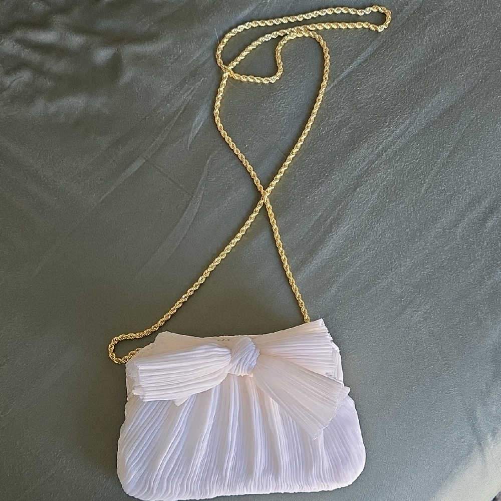 Loeffler Randall White Pleated Bow Crossbody with Gold Chain